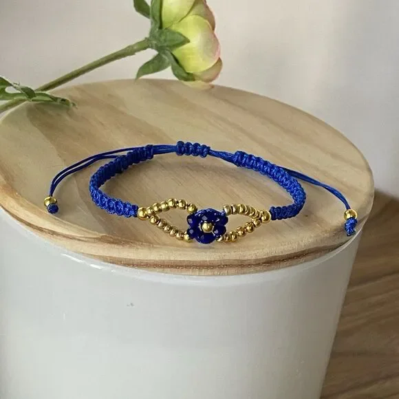Handmade Blue Macrame Bracelet Gold Beads Flower Adjustable Boho Jewelry Gift - Picture 9 of 12